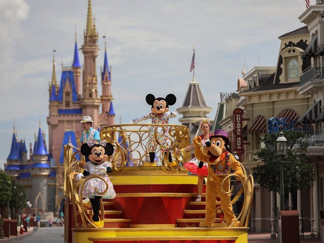 Micky Maus und Freunde vor dem Cinderella Castle